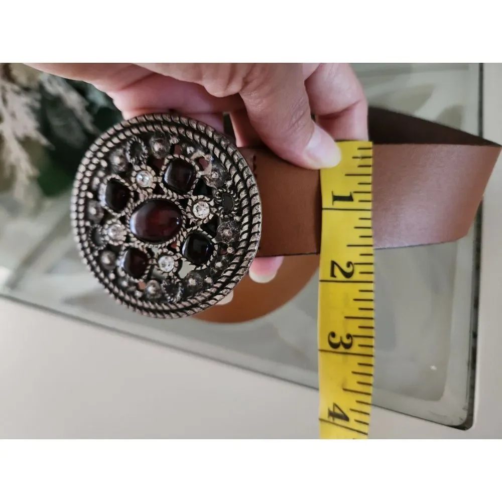 Olsen Women's Belt 100% Leather Tan Color‎ With Floral Medallion Buckle Size 6